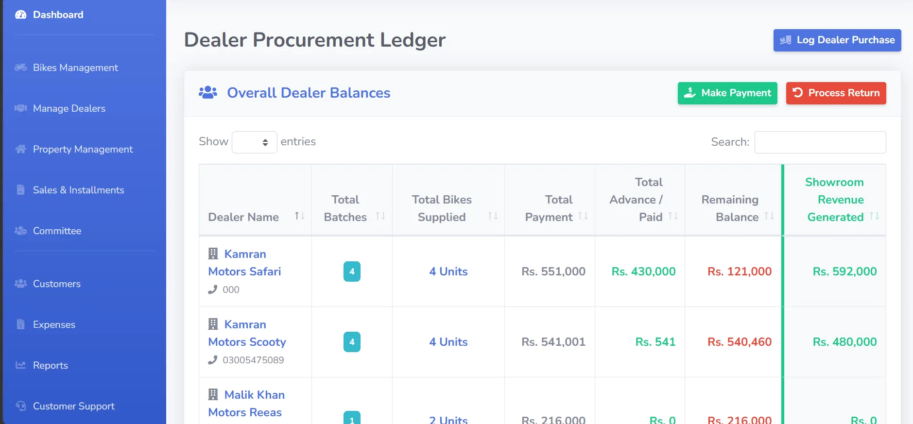 Manage Dealers and Payments